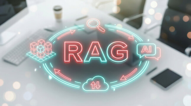 RAG Retrieval Augmented Generation AI Concept with Neon Graphics over Blurred Modern Office Desk Workspace