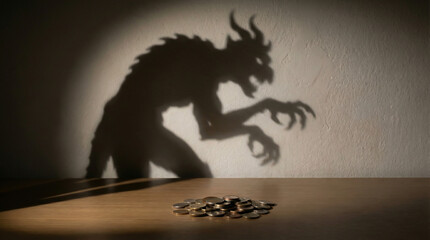 Menacing Monster Shadow Reaching for a Pile of Coins on a Table Symbolizing Greed and Financial Corruption