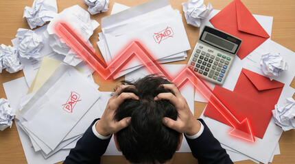 Stressed Businessman Facing Financial Crisis with Unpaid Bills and Decreasing Profits Graph