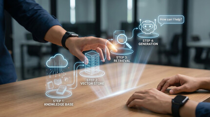 Businessman Interacting with Holographic AI Retrieval Augmented Generation Workflow Interface in Modern Office