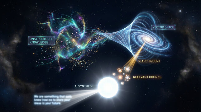 Conceptual Visualization of Artificial Intelligence Data Processing Workflow showing Knowledge Synthesis and Search Query in Space Environment