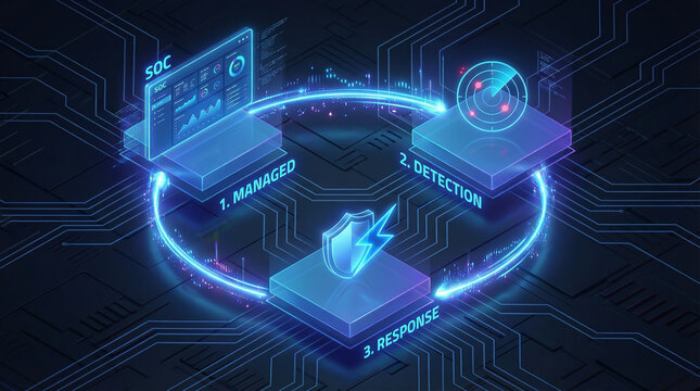 Cybersecurity Operations Center SOC Infrastructure with Managed Detection and Response Lifecycle Infographic on Dark Tech Background