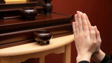 仏壇に手を合わせる日本人の手元 供養や祈りの合掌