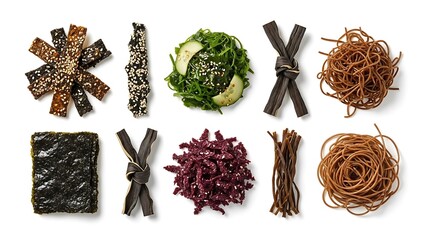 An elegant culinary seaweed arrangement on an isolated white background, showcasing dried nori sheets with dark purple-black color and subtle sheen, rehydrated wakame with deep green translucent leave