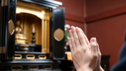 仏壇に手を合わせる日本人の手元 供養や祈りの合掌