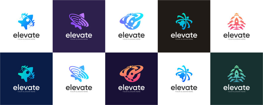 Set of Modern Rocket Launch Orbit logo design inspirations. Abstract vector of Elevate Tech Startup, colourful icon template.