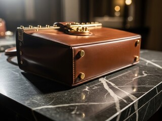 Brown leather briefcase on marble surface