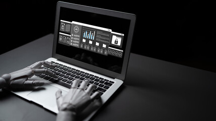 A robotic hand interacts with a laptop showcasing a user interface display in a dark setting, highlighting trends in data analytics and digital technology advancements. Gantry