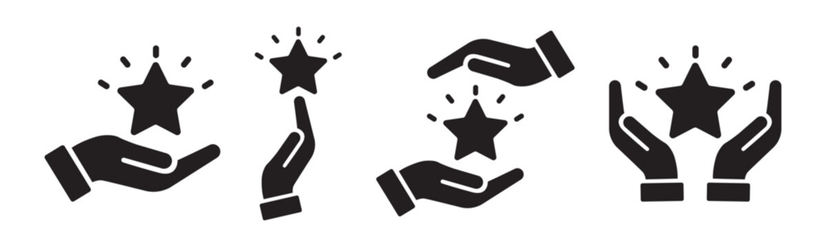 Hands holding shining star success rating vector icon