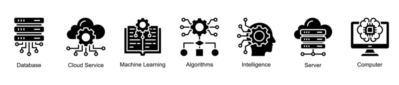 Data Intelligence web banner icon vector representing data processing, cloud systems, machine learning algorithms, and intelligent computing