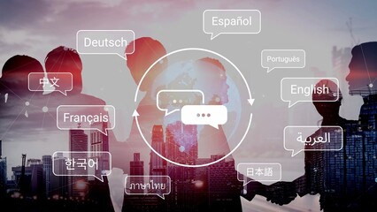 Diverse group of people communicating in various languages with speech bubbles overlaying a city...