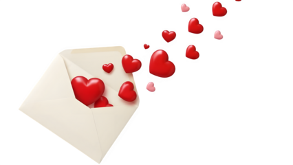 White envelope with red hearts spilling out isolated on transparent background