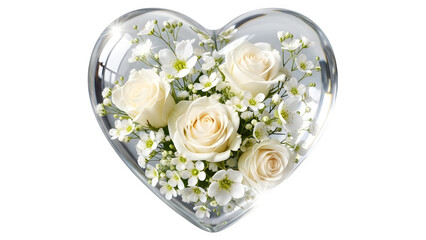 Heart shaped glass vase with white roses and baby's breath isolated on transparent background
