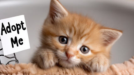 Small orange tabby kitten with big blue eyes sits on a soft blanket, holding sign with text Adopt Me