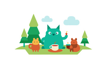 Obraz premium Miniature Tea Set with Forest Creatures Having a Picnic