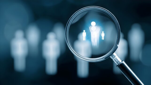 Human resource recruitment concept with magnifying glass highlighting ideal candidate icon. Concept: talent acquisition, headhunting, employee selection, hiring process visualization, workforce manage