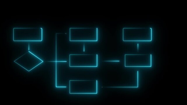 Business process and workflow concept. Businessman drawing flowcharts on a black background. Motion graphics of neon empty box concept.
