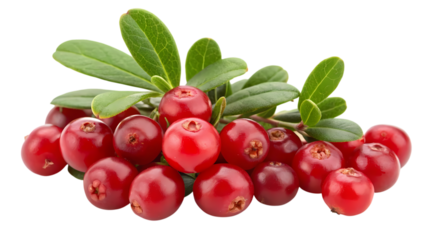 Bright red cranberries with fresh green leaves captured in a close-up studio shot