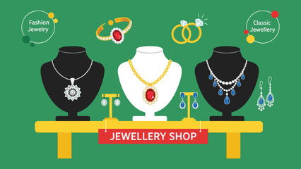 jewelry shop display with necklaces and earrings on mannequins