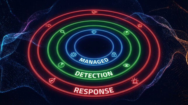 Cybersecurity Managed Detection and Response MDR Concept with Neon Rings and Digital Protection Icons