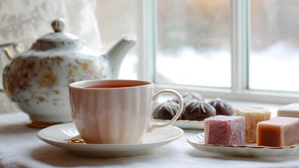Warm tea cup, cozy teapot, and sweet dessert jellies by a winter window, relaxing morning breakfast scene
