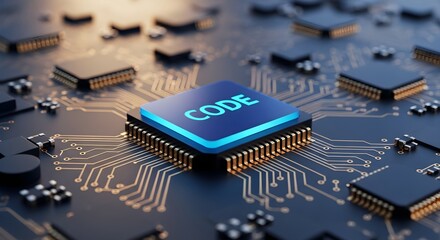 Central Processing Unit with 'Code' Text on Blue Backlit Chip, High Technology Concept