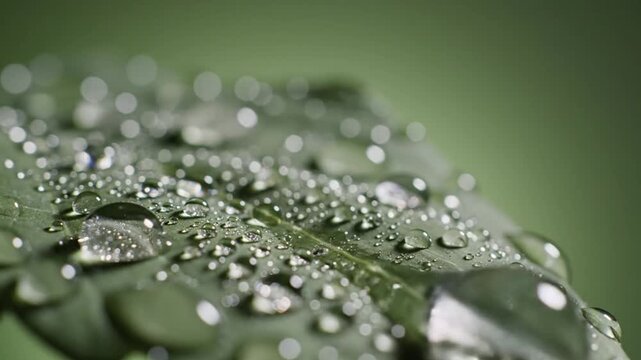 Macro View of Dew Droplets Resting on Green Leaf Surface in Natural Setting