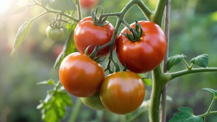 Fresh ripe tomatoes growing on vine in garden with green leaves
