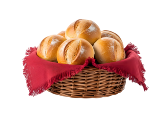 Basket of bread rolls with red cloth isolated on a transparent background