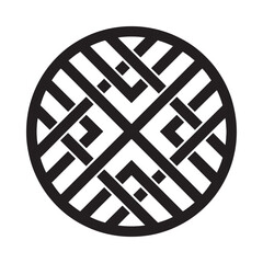 Black and white circular pattern with intersecting lines and geometric shapes