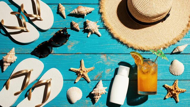 Beach Vacation Setup with Sunglasses, Flip Flops, and Drink on Blue Wooden Table