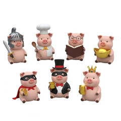 Fototapeta premium Whimsical pig figurines in various occupations isolated on transparent background