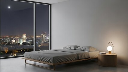 Minimalist bedroom with wooden bed and city view at night through floor to ceiling windows indoors