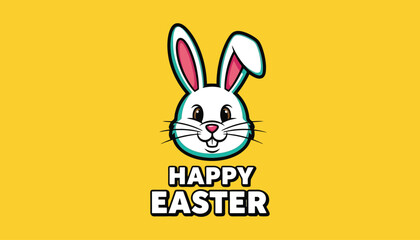 Fototapeta premium Easter bunny face with happy easter text on yellow background