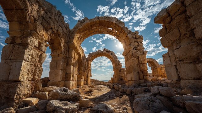 Ancient roman ruins with stone arches under blue sky.