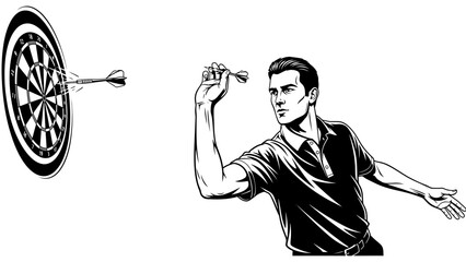 Focused man throwing a dart towards a dartboard, engaging in a competitive game, isolated white background. © ndowi