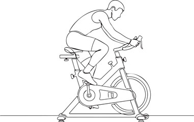 Fototapeta premium Line art illustration of a person riding an exercise stationary bike indoors