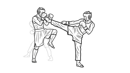 Fototapeta premium Two Martial Arts Fighters Sparring with Kicks and Punches, Dynamic Training Session, Isolated White Background.