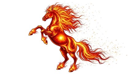 A magnificent Fire Horse illustration centered on an isolated white background, featuring a powerful stallion with flowing mane and tail engulfed in vibrant flames in shades of orange, red, and gold