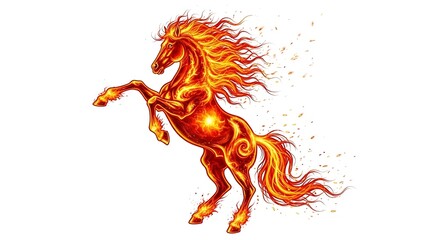 A magnificent Fire Horse illustration centered on an isolated white background, featuring a powerful stallion with flowing mane and tail engulfed in vibrant flames in shades of orange, red, and gold