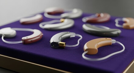 Diverse Modern Digital Hearing Aids Displayed on Luxury Velvet: Advanced Audiology and Communication Technology.