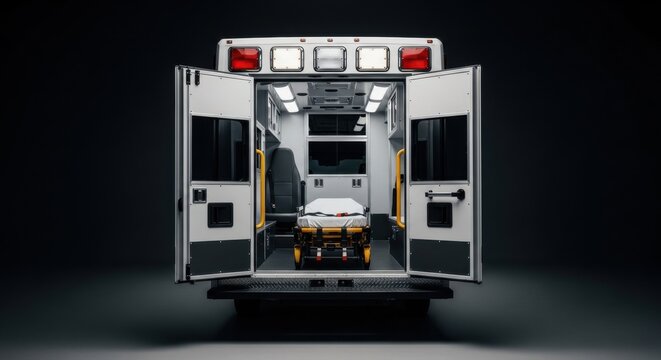 Rear View of Ambulance Opening Doors Revealing Stretcher and Gurney Inside in Studio Isolation for Emergency Medical Services Advertising
