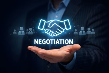 Negotiation concept. agreement, cooperation, business partnership Businessman holding negotiation icons on virtual screen..