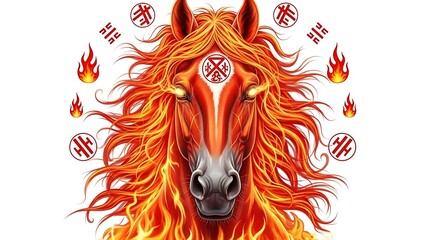 A magnificent Fire Horse illustration centered on an isolated white background, featuring a powerful stallion with flowing mane and tail engulfed in vibrant flames in shades of orange, red, and gold