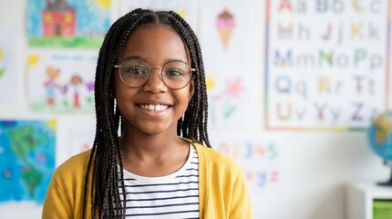 Smiling young girl with braids and glasses in classroom setting