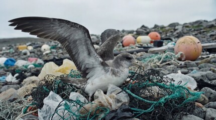 Gannet bird tangled in discarded plastic fishing net, with a polluted rocky beach and ocean in the background. Environmental disaster concept for ecology campaign.