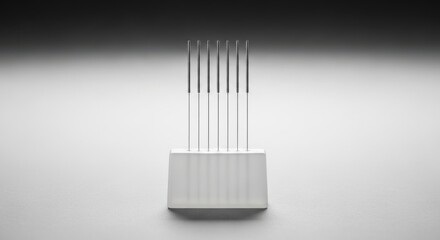Obraz premium Acupuncture Needles Standing in a Minimalist White Block Display for Traditional Chinese Medicine (TCM) and Holistic Pain Relief Concepts.