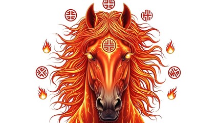 A magnificent Fire Horse illustration centered on an isolated white background, featuring a powerful stallion with flowing mane and tail engulfed in vibrant flames in shades of orange, red, and gold