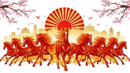 A magnificent Fire Horse illustration centered on an isolated white background, featuring a powerful stallion with flowing mane and tail engulfed in vibrant flames in shades of orange, red, and gold