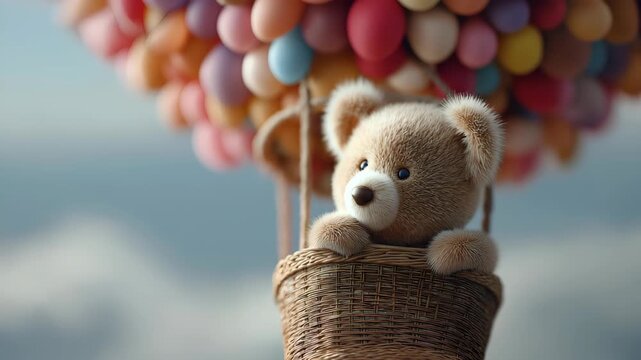 Cute teddy bear flying in a tiny hot air balloon that is made of many balloons